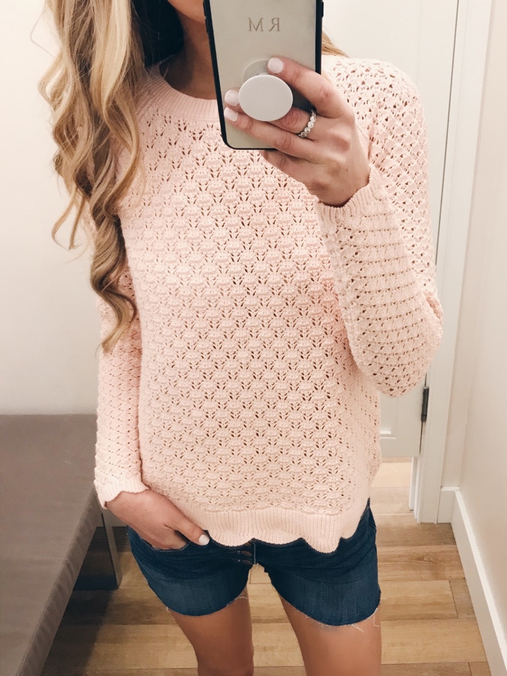 Loft Womens Sweater Small Light Pink Open Knit Scalloped Hem